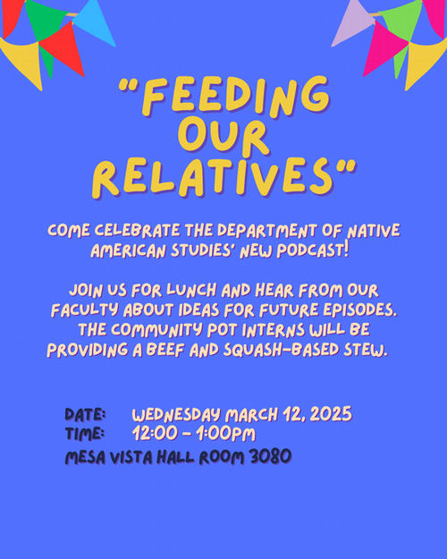 NAS release party: Multicolored triangle flags decorating the corners of a purple background celebrating a new podcast, join us for lunch and hear about future episode ideas